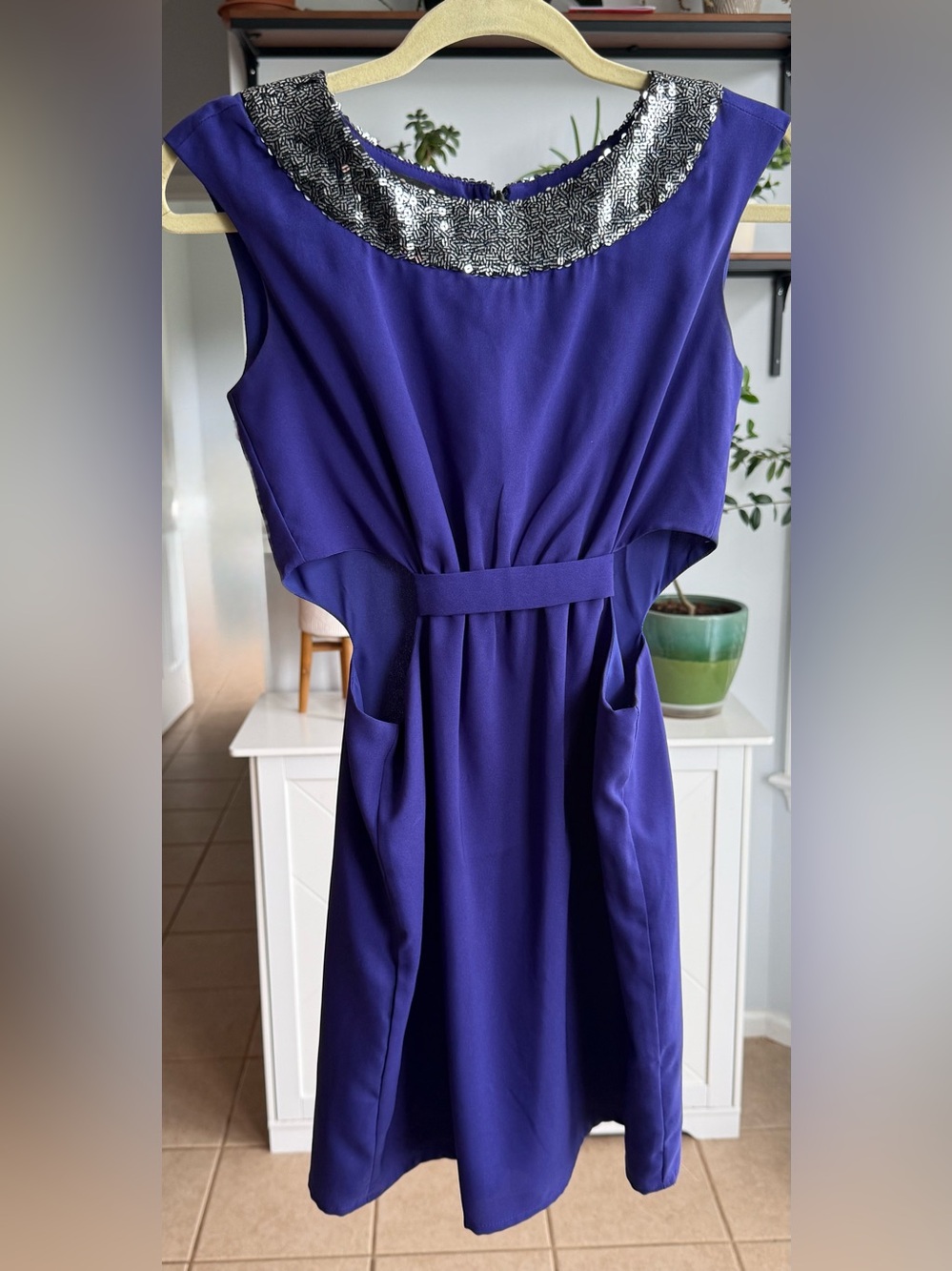 Elegant Deep Blue / Purple Sleeveless Dress w/ Side Cutouts Decorative Neckline